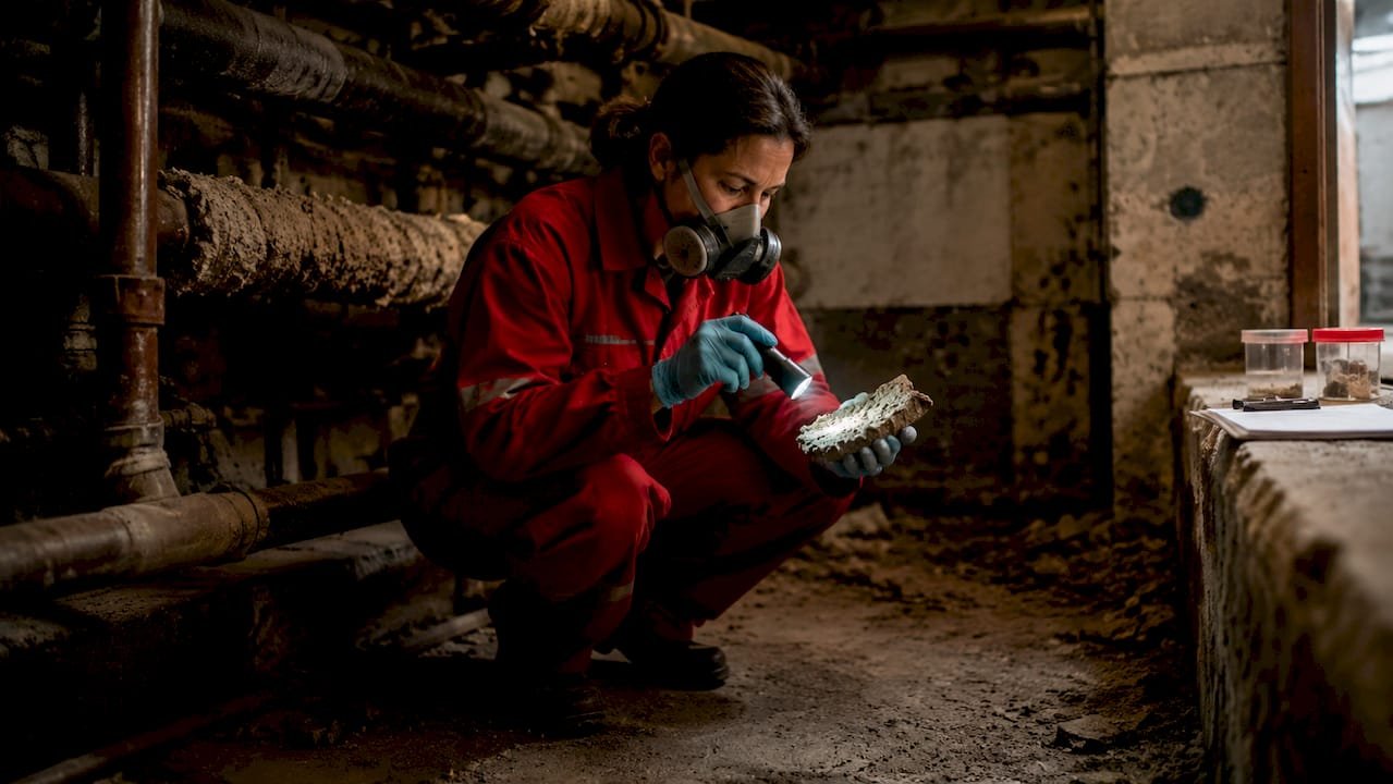 Inspector examining asbestos material in commercial basement