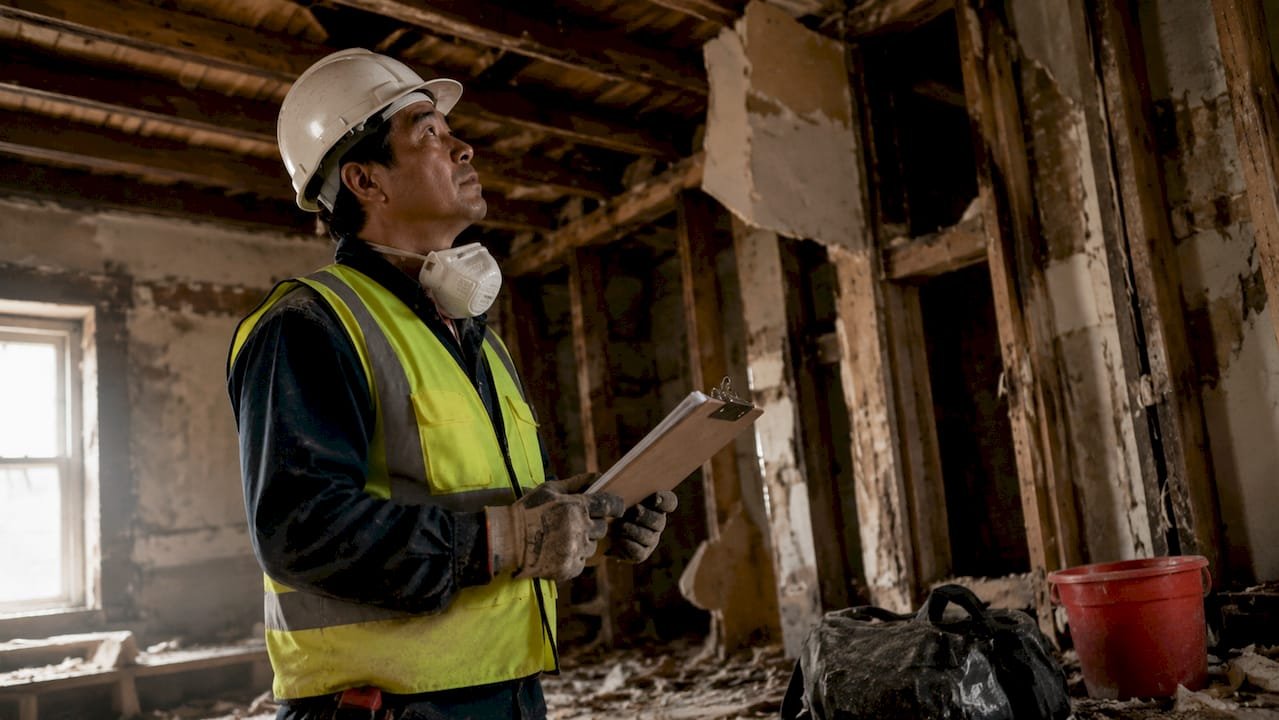 Asbestos inspector examining building exterior