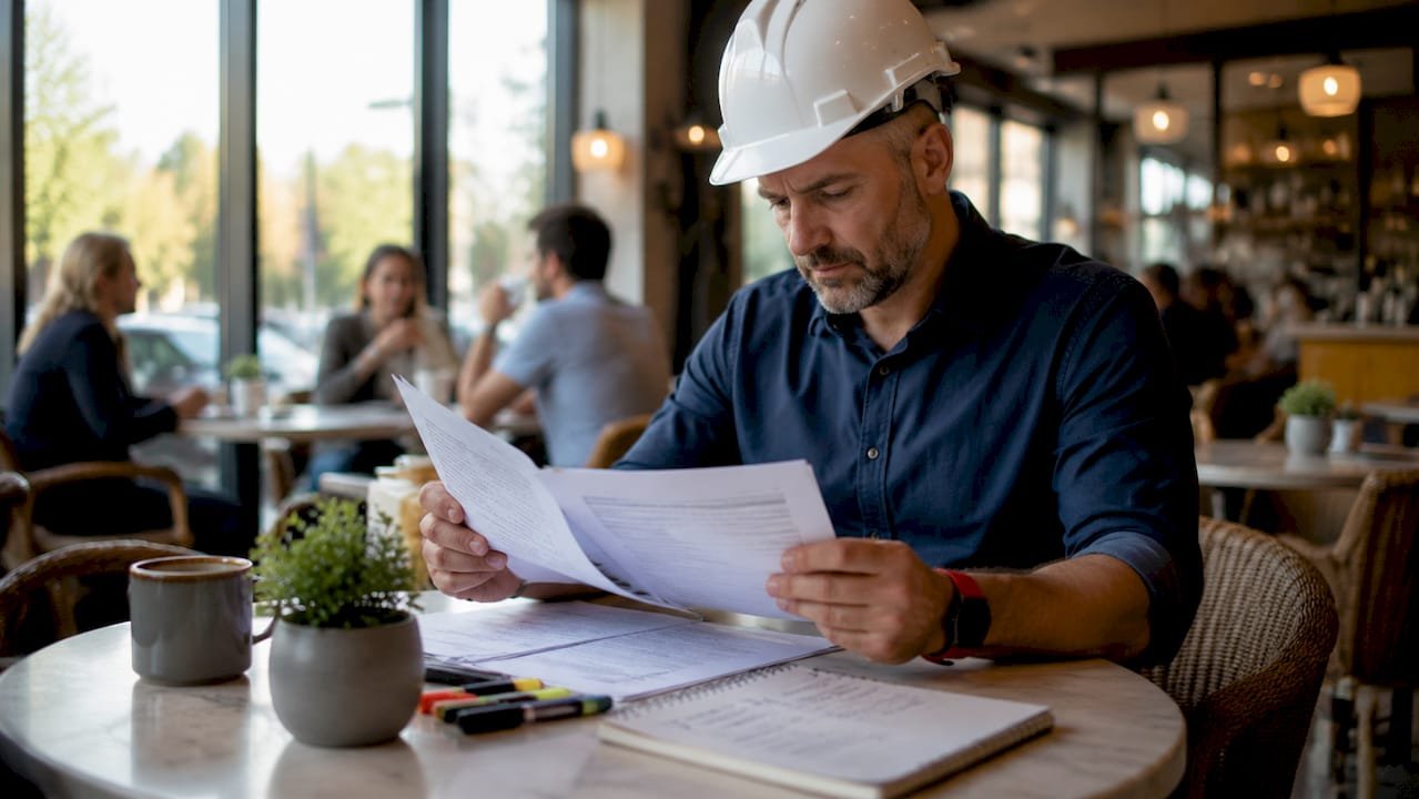 Man reviewing demolition vetting documents at desk